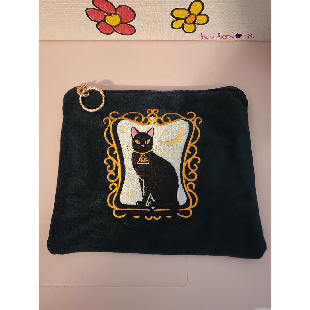 Fable England Black Cat Embroidered Velvet Pouch Moon